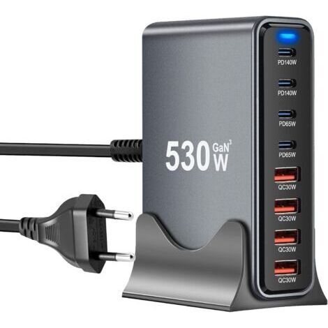 Chargeur USB C 530 W avec 8 ports, GaN III USB Chargeur rapide multiple avec 4 ports USB-C et 4 ports USB-A, Power Delivery, station de charge USBC pour MacBook Pro/Air, iPhone, iPad, Samsung plus