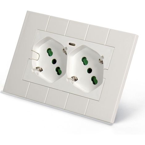 FANTON 421000-59 Multipresa universale da incasso OPERA/LNW doppia presa bipasso italo/tedesca 2P+T 16A 1 presa USB-C 5V 3A precablata per scatola a 3 moduli + adattatore USB C/A