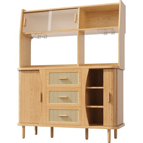 Vitrina alta de cocina con puertas correderas de vidrio y cajones efecto ratán, 140x40,5x174,5 cm (1/5)
