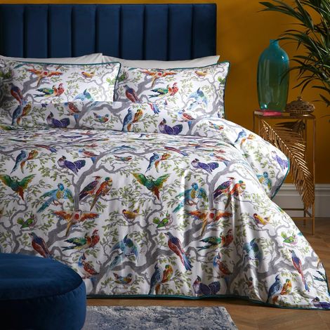 Housse de Couette Oiseaux Multicolores - 200 x 200 cm - Satin Doux 100% Coton - 2 taies d'oreiller - 200 Fils - Housse de Couette Oiseaux en Blanc (1/4)