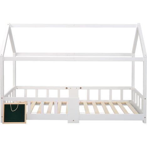 CAIziLit cabane enfant 90x200 cm en pin blanc avec tableau et barrière (1/5)