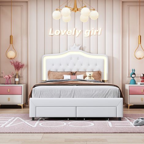 Sureh – Lit enfant 140x200 avec 2 tiroirs – Lit capitonné en PU blanc – Éclairage LED réglable – Tête de lit ajustable pour confort (1/5)