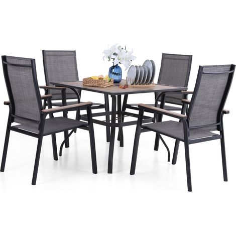 PHIVILLA Gartentisch mit 4 Stühle Set, Holzähnlich Garten Tisch mit 4cm Schirmloch und 4 Aluminium Textilene Gartenstühle, Terrasse, Balkon, Bistro, Camping (1/5)