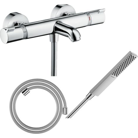 Pack mezclador termostático para baño-ducha HANSGROHE Ecostat Comfort + Designflex flexible 160 cm + rociador HANSGROHE Pulsify E 100 EcoSmart cromado
