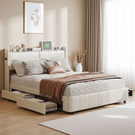 Letto matrimoniale in similpelle con cassetti, 160x200 cm, struttura del letto imbottita in similpelle bianca, con porte di ricarica USB, rete a doghe in MDF e struttura in metallo, senza materasso (1/5)