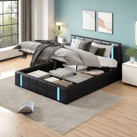 lit 2 Personnes 160x200 avec sommier LED et USB,lit coffre avec tête de lit et rangement sous lit,cadre de lit 160x200 avec sommier à lattes,lit adulte,noir (1/5)