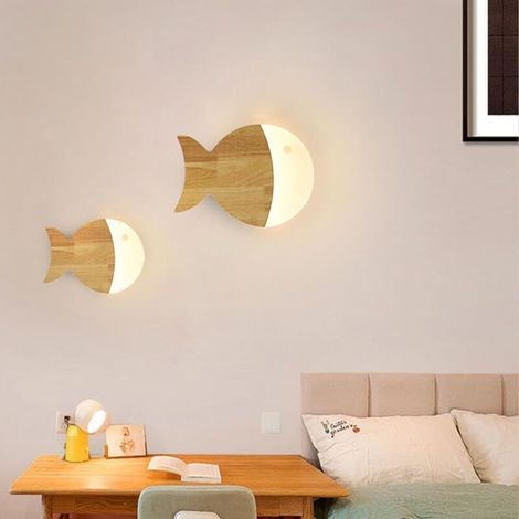 Applique murale petit poisson en bois, applique murale pour chambre d'enfant, appliques murales d'éclairage décoratif en rondins, appliques murales à LED modernes(3000K) (1/4)