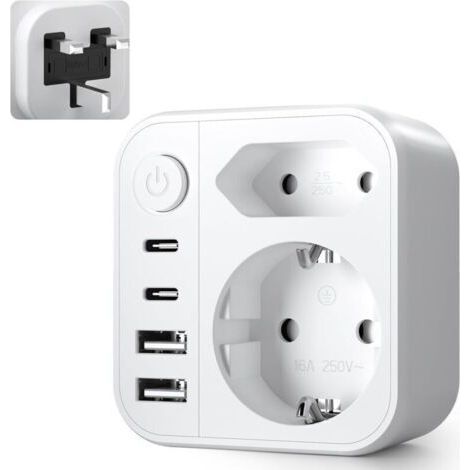 6 en 1 Adaptateur Prise Anglaise UK, Adaptateur Prise Anglaise, Prise Anglaise Adaptateur Francais avec 2 USB A, 2 Type C, 2 Prise, Type G pour UK/Irlande/Malaisie/Maldives (1/5)