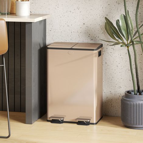 Poubelle tri 2 bacs 2x28L inox brossé, couvercle amorti silencieux, compacte 45,8x36x67,6cm, dorée (1/5)
