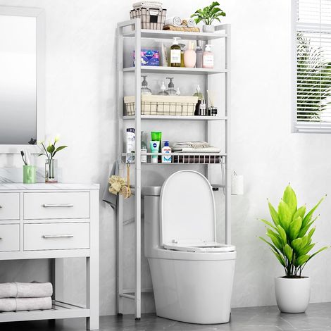Étagère de Toilette Multifonctionnelle Ajustable à 4 Niveaux avec Panier pour Salle de Bain et Toilettes, Gain de Place, Facile à Assembler - Blanc (1/5)