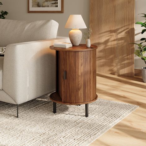 Mueble de almacenaje redondo con puerta corredera, 48 x 48 x 65 cm, nogal, HAVRYA (1/5)