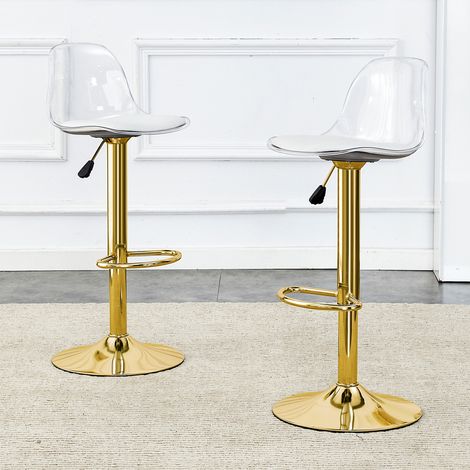 Lot de 2 tabourets de bar réglables : dossier transparent,pieds métalliques dorés,hauteur 82-104 cm,siège pivotant à 360°.