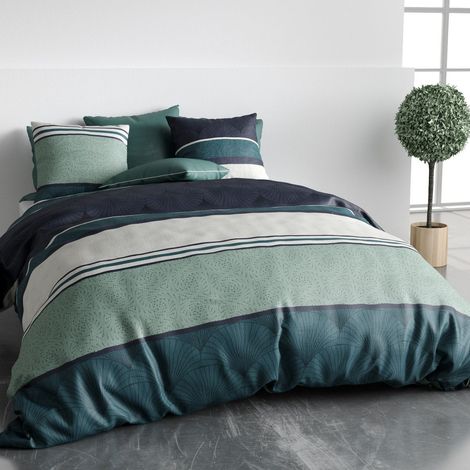 Parure housse de couette 240x220cm + 2 taies motif graphique vert et bleu 100% coton - TIKIAN (1/4)