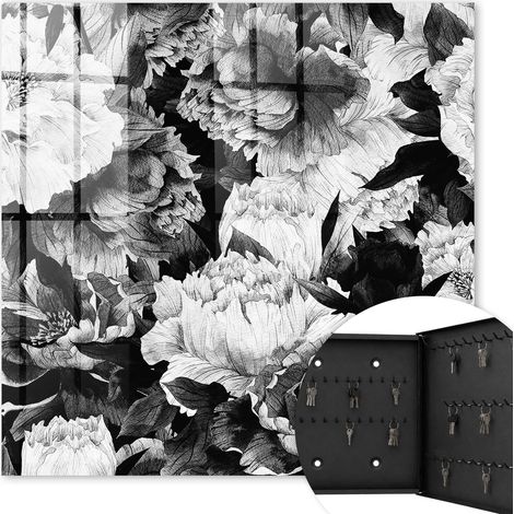 Armoire à clés - (30 cm x 30 cm) - Boîte à clés murale - Coffret de rangement pour clés - Couleur noire - Ouverture vers la droite - Pour maison et bureau - Fleurs noires et blanches (1/5)