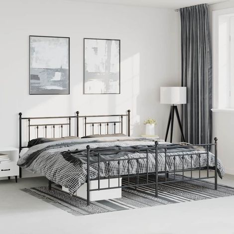 Cadre de lit métal sans matelas avec pied de lit noir 183x213cm (1/5)
