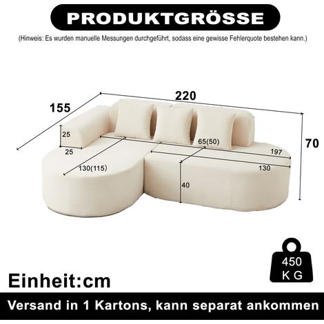 Canapé d'angle modulaire moderne en forme de L, de 220 cm de long, en velours côtelé avec dossiers et accoudoirs incurvés, équipé de trois coussins convient aux salons, salles de jeux et espaces de d (1/5)