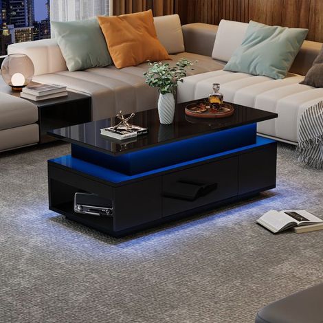 Tavolino da caffè sollevabile, con illuminazione LED e 1 cassetto, per ufficio, sala studio o ricevimenti, nero (1/5)
