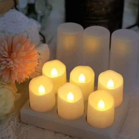 Bougies LED rechargeables - Lot de 6 - Avec télécommande - Avec station de charge - Bougies chauffe-plat - Bougies cire - Flamme vacillante - Rechargeables et sans fil (1/5)