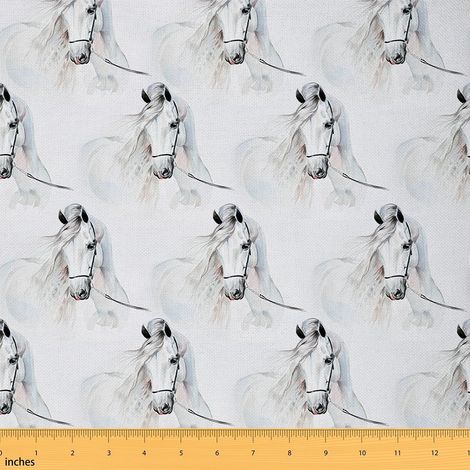 Blanc Cheval Tissu 92x150cm Chaise,Ferme Animaux Cheval Imprimé Tissus Au Metre,Aquarelle Amateurs De Chevaux Tissu Couture Ameublement De Couture Polyester (1/5)