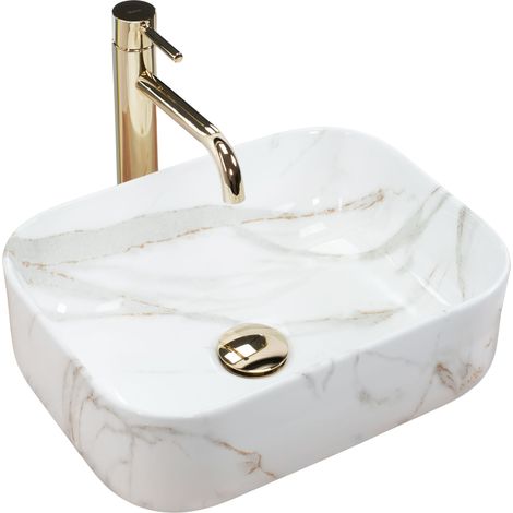 REA – Vasque à poser céramique 400x305mm – Imitation pierre – Hauteur 140mm – Sans trou de robinet – Lavabo moderne pour salle de bain