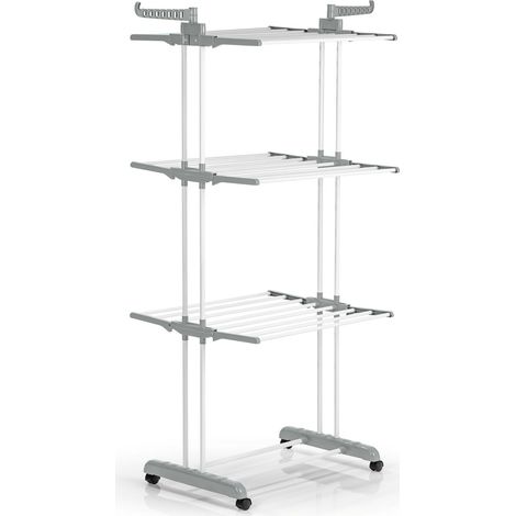 Séchoir à Linge Pliable  Séchage Efficace avec 3 Niveaux, 2 Ailes latérales et Montage Facile  Peu encombrant, Polyvalent et Mobile pour l'intérieur et l'extérieur, Gris/Blanc (1/5)