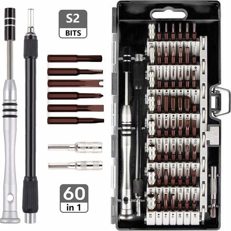 Juego de 60 piezas de herramientas de reparación de computadoras con correa magnética S2 y destornilladores para telecomunicaciones (1/5)
