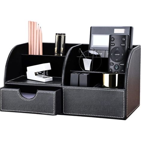 royaluxe - Organisateur de bureau en cuir PU, système de rangement de bureau,pot à crayons multifonctionnel, fournitures de bureau noires
