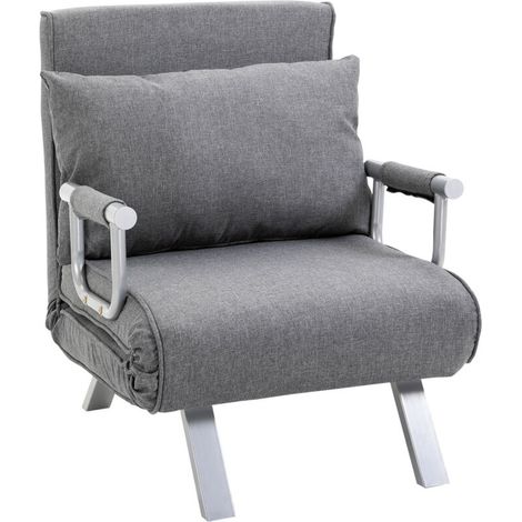 Fauteuil chauffeuse canapé-lit Convertible 1 Place déhoussable Grand Confort Coussin Pieds accoudoirs métal Lin Gris Clair (1/5)