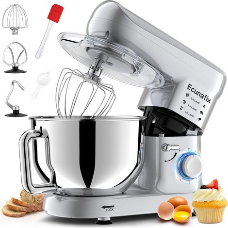 Robot Patissier, 2000W Robot Cuisine Multifonctions 6,5L Faible Bruit Robot Pétrin avec Crochet Pétrisseur, Batteur, Fouet à Fil, Couvercle, 6+P Vitesses (1/5)