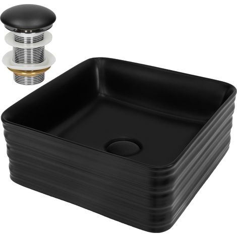 ML-Design Waschbecken Keramik Schwarz matt 39x39x15 cm Quadratisch mit Ablaufgarnitur, Moderne Aufsatzwaschbecken, Design Waschtisch Aufsatz-Waschschale Waschplatz Handwaschbecken, Badezimmer/Gäste-WC
