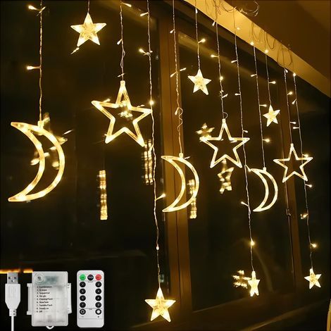 Décoration lumineuse de Noël pour fenêtre, guirlande de 3,5 m avec étoiles et lune, 138 LED, alimentation USB et piles, 8 modes d'éclairage blanc chaud. (1/5)