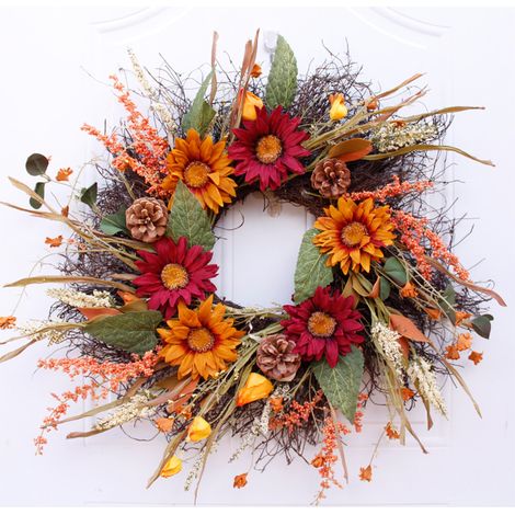 Herbstkranz für Halloween, künstliche Sonnenblume, Kürbis, Beeren, Türhänger, Erntedankfest, Rattankreis (1/4)
