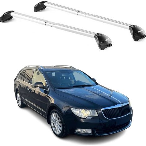 OMAC Barres de toit transversales certifiées TÜV pour Skoda Superb Break 2008-2023 – Verrouillables (4 antivols) – Charge max 100 kg – Sangle inox + protection caoutchouc Argent (1/4)