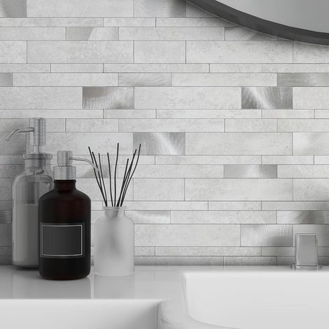 Backsplash mosaïque de carreaux Peel and Stick cuisine pierre métropolitaine linéaire salle de bain douche mur imperméable (10 pièces, gris béton) (1/5)