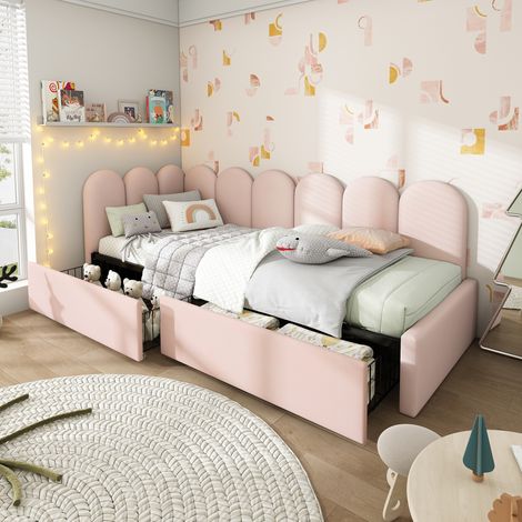 Modernluxe – Lit banquette avec 2 tiroirs – Tissu velours rose – 90x200 cm – Sommier à lattes – Rangement pratique avec roulettes