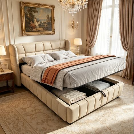 MODFU – Letto matrimoniale 140x200 cm in tessuto, metallo e MDF con contenitore sollevabile, rete a doghe in 2 parti, portata 200 kg e testiera allargata – Beige (1/5)