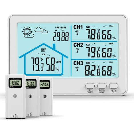 Station météo domestique, thermomètre et hygromètre sans fil, écran couleur, prévisions météo, rétroéclairage, intérieur/extérieur (blanc) (1/5)