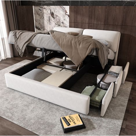 Letto imbottito moderno in velluto beige 160x200 cm con testiera regolabile, 3 cassetti, contenitore idraulico e rete a doghe