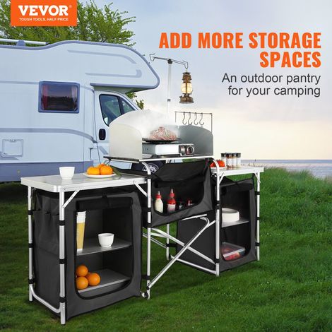 Cuisine de Camping 174 x 176 x 46 cm Armoire de Camping Pliable Structure en Alu Grand Comptoir Meuble de Cuisine avec Pare-Brise 5 Compartiments avec Sac de Transport Noir pour BBQ Pique-Nique (1/5)