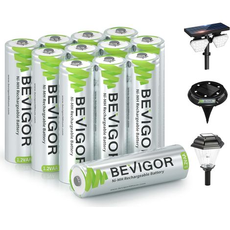 12 Piles Rechargeables Solaires AA 1000mAh 1.2V NiMH, pour Lampes Solaires Extérieures Et Guirlandes Lumineuses (1/5)