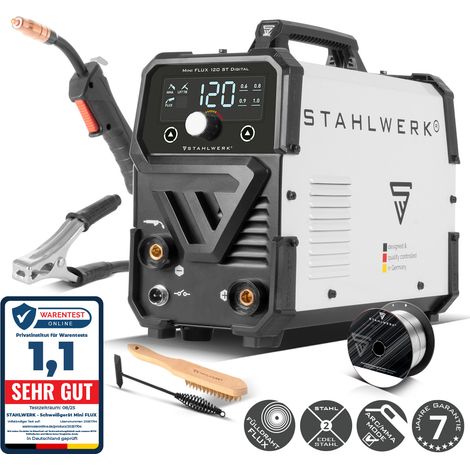 STAHLWERK Schweißgerät Mini FLUX 120 ST Digital – Fülldrahtschweißen (FLUX) ohne Schutzgas bis 120 A, kompakt mit synergischem Drahtvorschub und LED-Licht, Lift-TIG- und MMA-Funktion (E-Hand/ARC) (1/5)