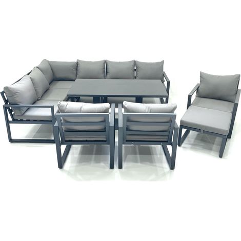 Fimous Aluminum Outdoor Garden Furniture Set Corner Sofa Big Footstool 3 Chairs Adjustable Rising Lifting Dining Table Sets Dark Grey (1/5)