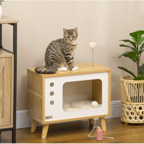 TV-Katzenhaus 50 x 28 x 43 cm aus Spanplatte, beige, mit Kissen – MEUBLIV (1/5)