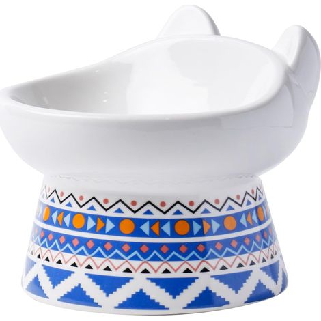 Gamelle Chat Céramique Surélevée – Large et Peu Profonde à Bol pour Chat Inclinée avec Support, Anti-Vomissement Idéal, Motif Bohème Bleu (1/5)