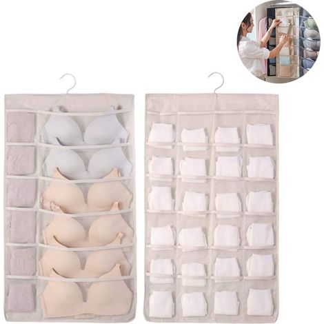 Bolsa de almacenamiento colgante con percha metálica, organizador de almacenamiento colgante de doble cara para ropa interior (beige)