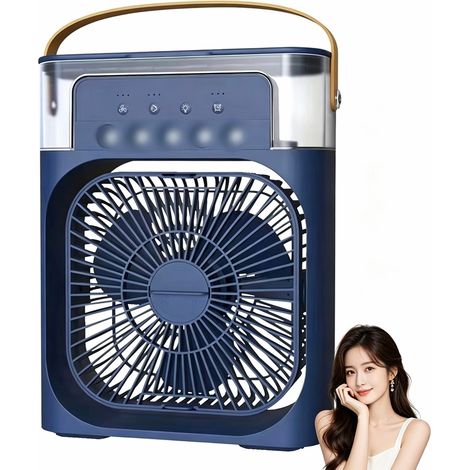 Climatiseur portable 4 en 1 - Mini ventilateur de refroidissement personnel avec spray de brume d'eau - 3 vitesses - Ventilateur de table -Bleu (1/5)