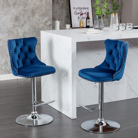 Hocker drehbar mit Rückenlehne höhenverstellbar Samt Blau OKMYHOME (1/5)