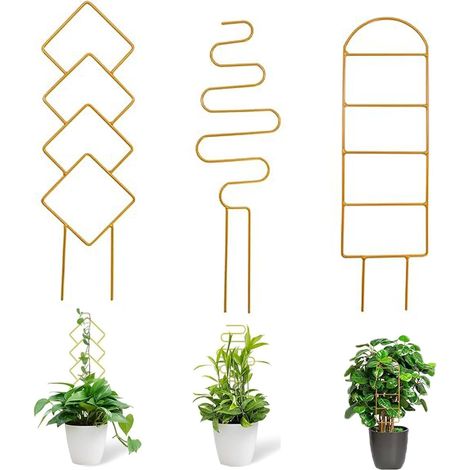Lot de 3 tuteurs pour plantes d'intérieur, treillis pour plantes d'intérieur et jardin, support de plantes de jardin, tuteur en métal, pour décoration de salon (doré) (1/5)