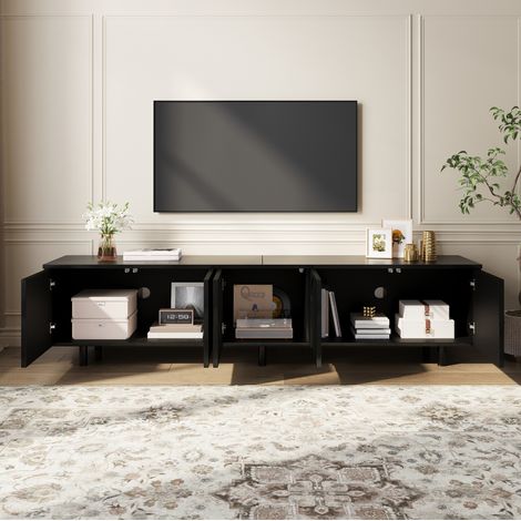 Meuble TV 180x38x45 cm noir en MDF et PB avec 5 portes, pieds métalliques et rangement (1/5)