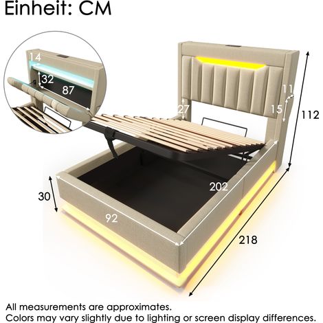 Lit 90x200 cm avec tête de lit de rangement, ports USB-C et USB, éclairages LED en tête et au pied, coffre de rangement hydraulique, beige lin, matelas inclus (1/4)